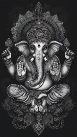 Monochrome ornately detailed seated Ganesha in meditative symmetry