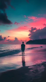 Silhouette of a person stands on shoreline at vivid sunset