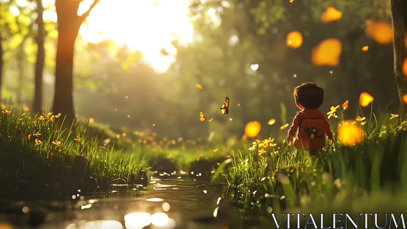 Child by forest stream watching butterflies at sunset