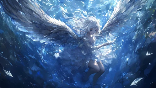 Submerged winged girl in luminous blue underwater vortex