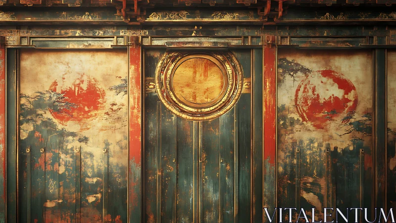 Weathered oriental gate glows with sunlit patina and history