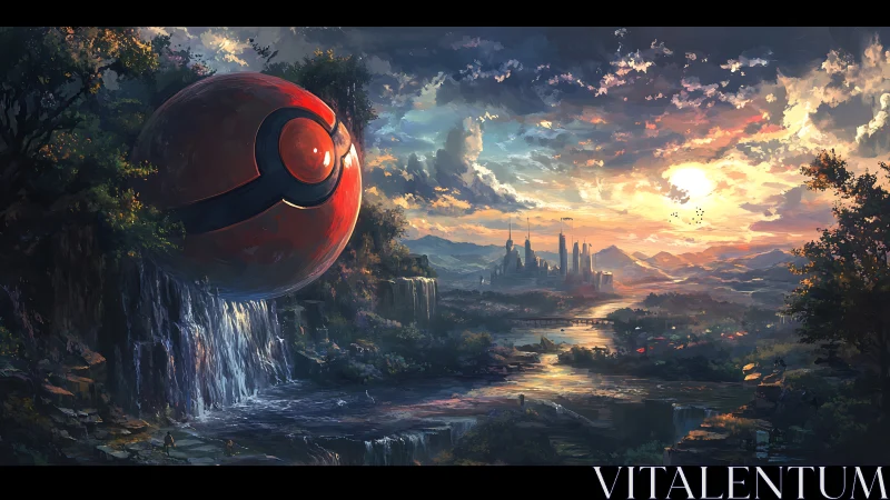 Colossal crimson sphere dreams quietly above the waterfall