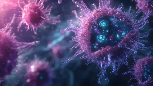 Futuristic close-up of glowing virus cells in vibrant colors.