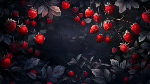 Strawberries rendered with directional rim lighting against dark foliage