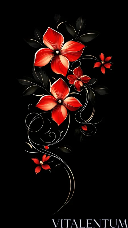 Crimson Petals Dance Through Darkness in Ethereal Botanical Symphony