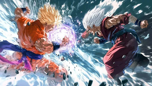 Blazing warriors collide in shattering, sky-splitting power duel.