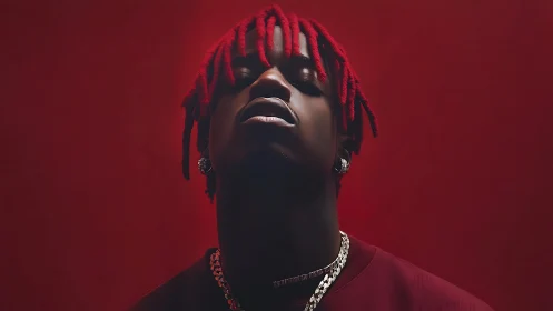 Bold portrait of man with red dreadlocks against rich red glow