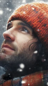 Snowlit bearded man in orange knit hat gazes upward thoughtfully.