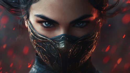 Fierce masked warrior gazes forward through swirling embers