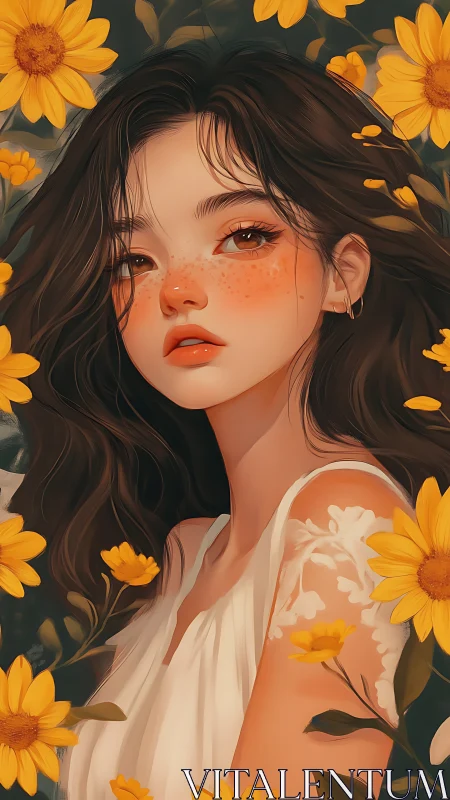Digital painting portrait with sunflower botanicals and soft lighting.