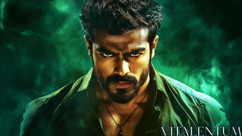 Storm-eyed warrior framed by swirling emerald firelight.