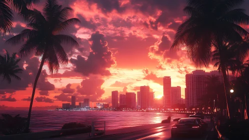 Neon sunset skyline with palm-lined waterfront boulevard.