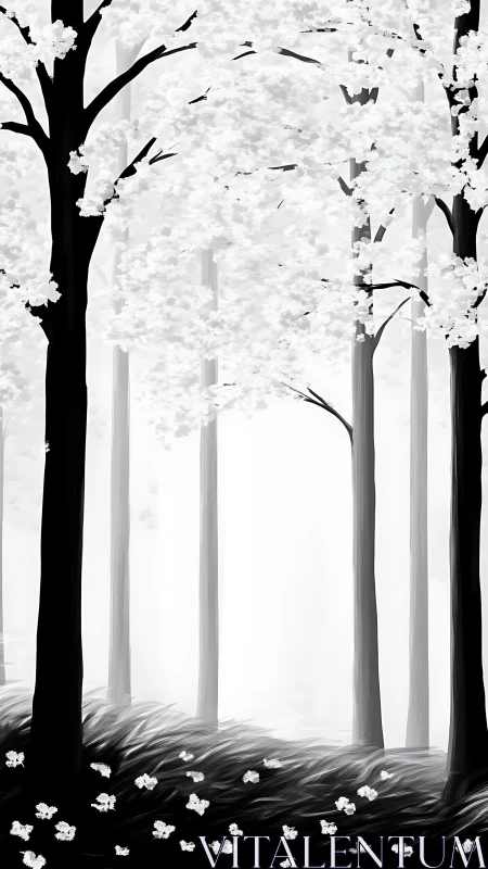 Monochromatic Forest Pathway with High-Contrast Silhouettes and Atmospheric Depth