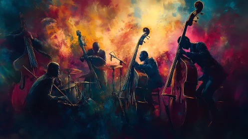 Jazz ensemble glows within abstract, fiery stage colors.