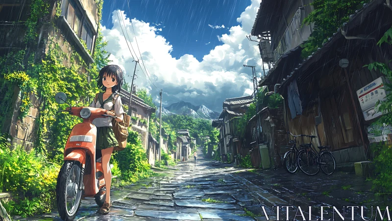 Girl with scooter stands in wet alley under rain and clouds