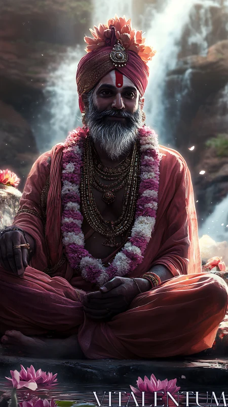 Photorealistic portrait of meditative sage before cascading falls.