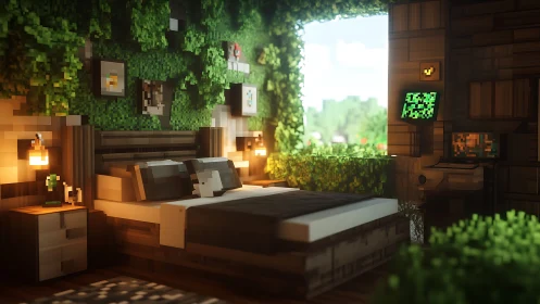 Pixelated bedroom integrates greenery and outdoor window view