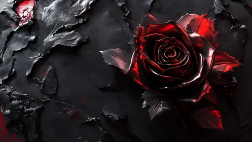 Luminous crimson rose glowing against dramatic dark textures.
