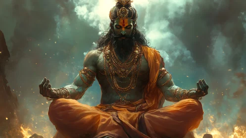 Meditating warrior deity amid stormlit inferno clouds.