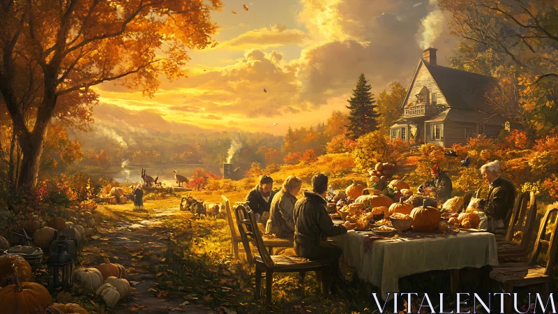 Family carving pumpkins at rural farmhouse in autumn sunset.