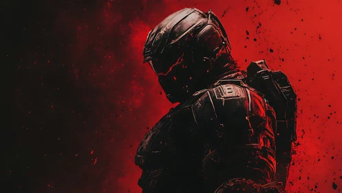 Armored voidwalker broods in blood-red cosmic storm.