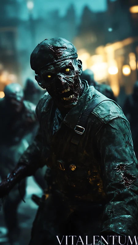 Photorealistic undead soldier in cinematic street horror scene.