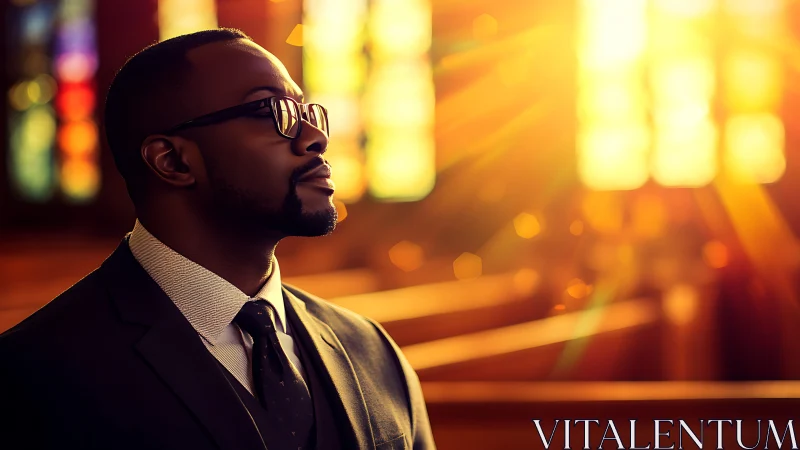 Business professional in church interior under golden sunrays.