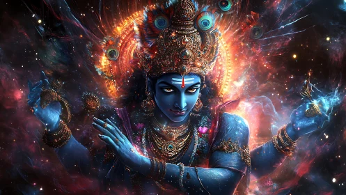 Blue four-armed deity figure is centered in a cosmic field