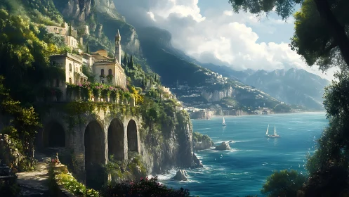 Cliffside Mediterranean town above a calm blue coastline.