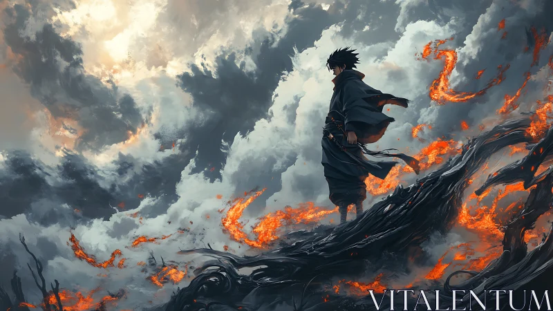 Solitary warrior surveys molten tendrils amid turbulent storm