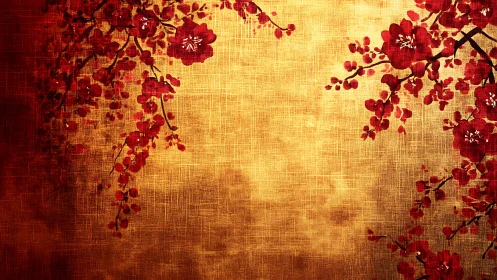 Red floral branches on textured golden background surface.