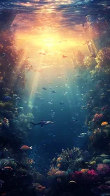 Submerged cityscape with coral reef and diverse marine life.