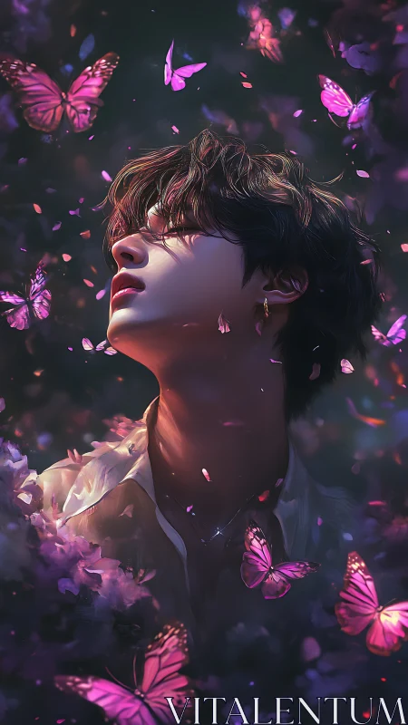 Midnight dreamer crowned in violet butterflies and starlit petals.