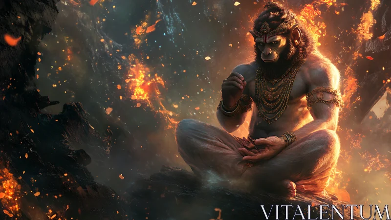 Fire-lit simian sage in molten mountain meditation glow.