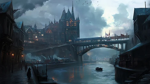 Steampunk river cityscape renders misty industrial twilight