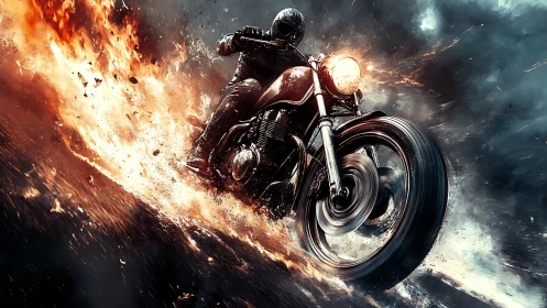 Motorcycle rider blasts through firestorm on highway.