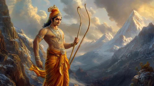 Heroic archer deity in saffron robes amid icy mountain pass.