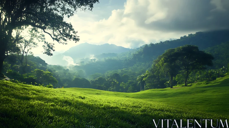 Verdant valley landscape with layered mountain vista and atmospheric haze.