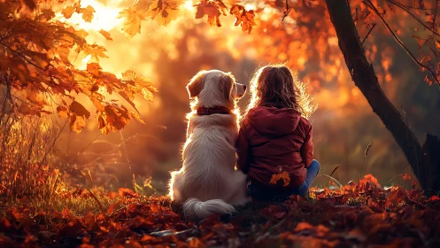 Child and Golden Retriever Silhouetted in Autumn Backlit Foliage