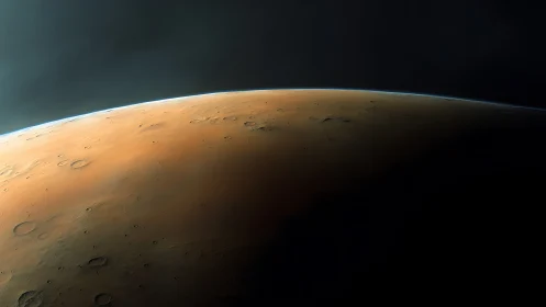 Curved Martian horizon under deep space shadow glow.