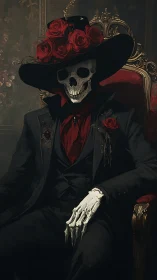 Skeleton in black suit and red roses seated on throne.