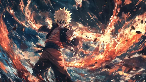 Fiery anime warrior unleashes swirling elemental power.
