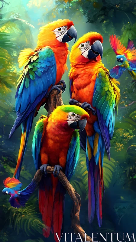 Triad of macaws rendered with high-saturation plumage detailing
