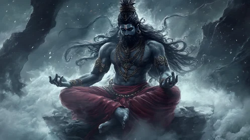 Blue-skinned deity figure in seated meditation amid mist.