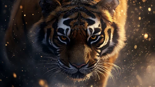 Tiger close-up in dramatic low light with floating embers.