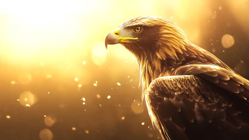 Majestic golden eagle in sunlight with glowing bokeh effect.