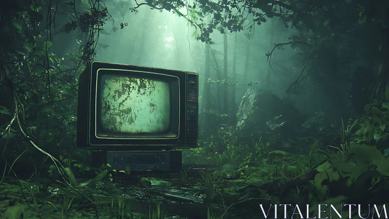 Old cathode-ray television in dense, misty forest clearing.
