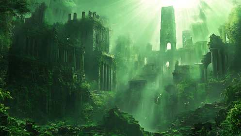 Luminous overgrown ruins in atmospheric digital painting.