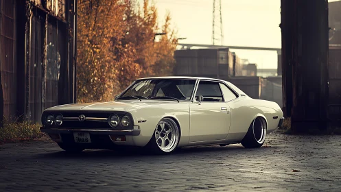 Lowered vintage coupe parked in moody industrial yard.