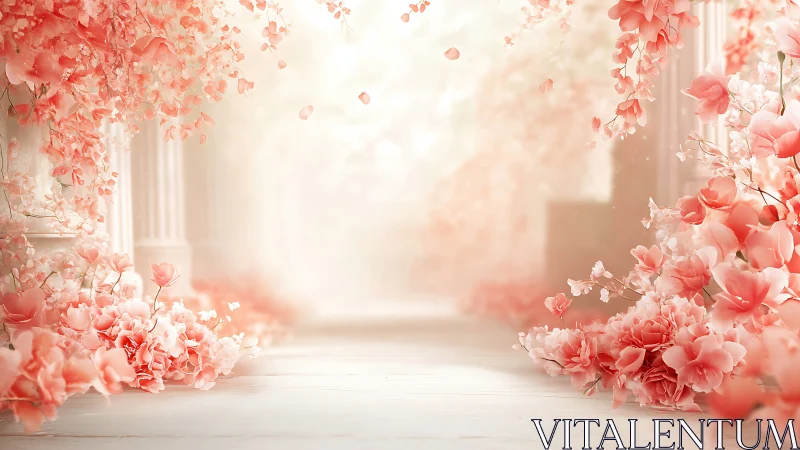 Coral Floral Pathway Through Luminous Garden Space.